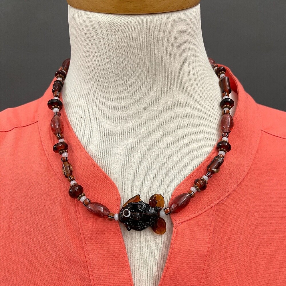 Brown White Fish Beaded Beads Women's Fashion Necklace NWOT